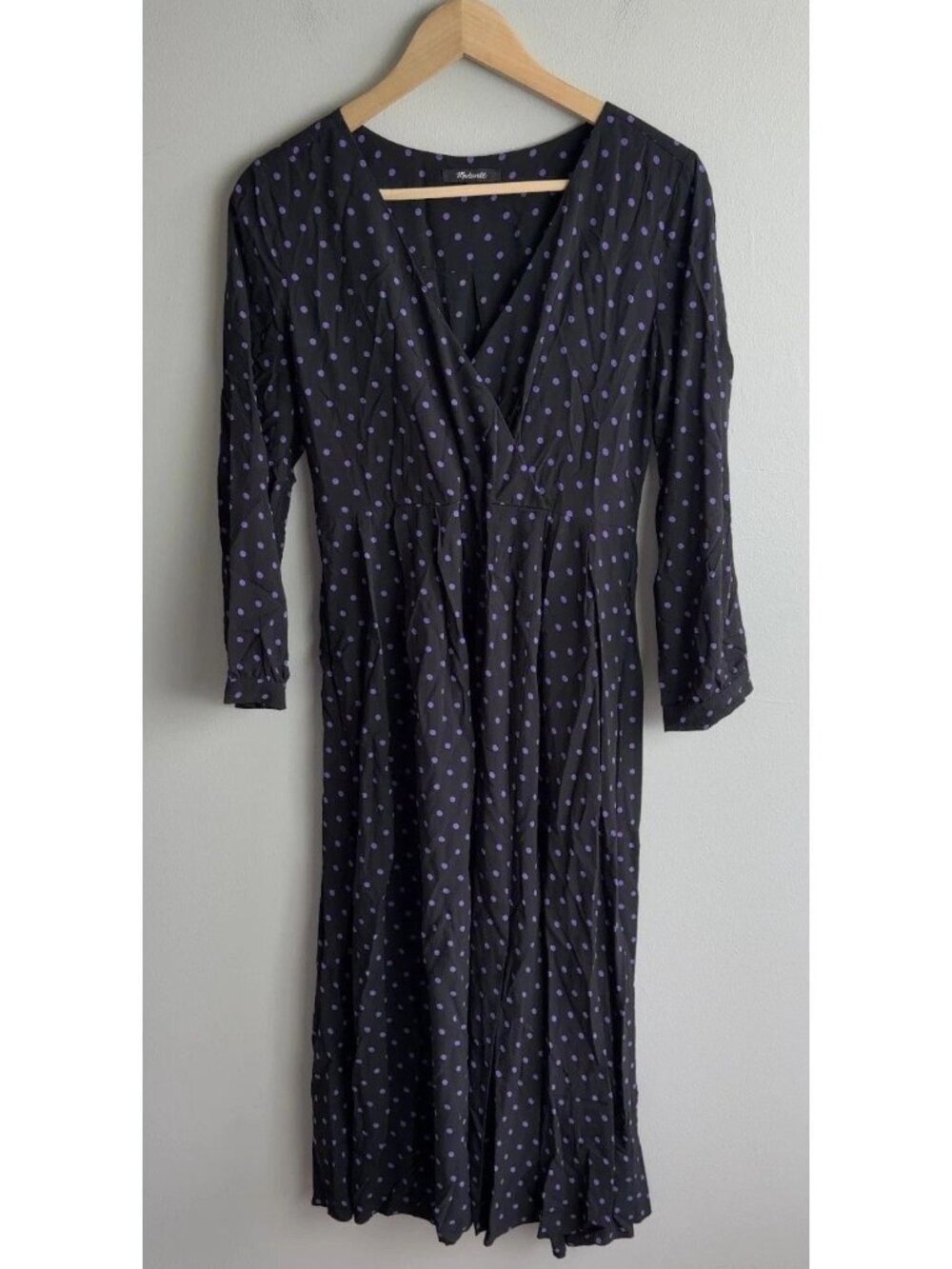 Madewell Polka Dot Wrap Midi Dress Black Purple Long Sleeve Size XS MC939 Womens